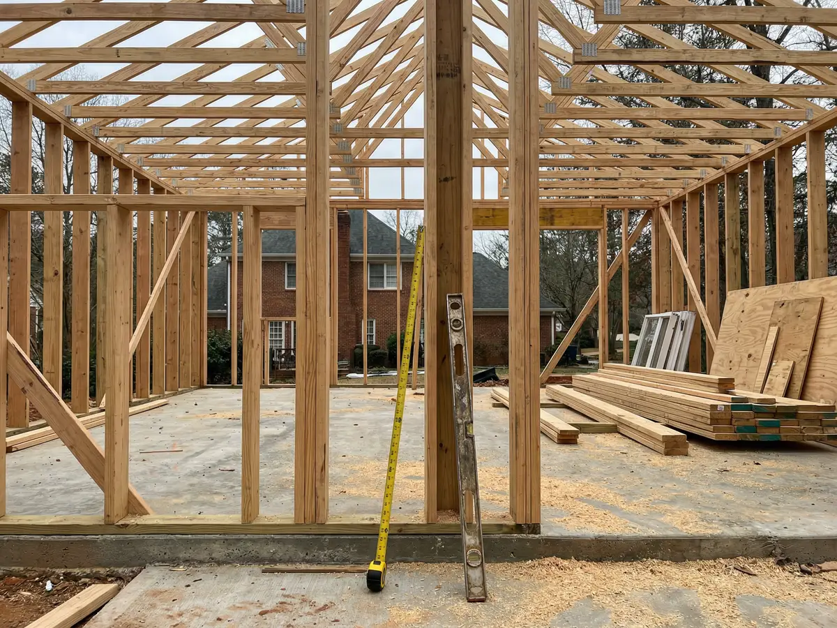 Construction framing of a small backyard cottage with exposed studs and roof trusses on a suburban Georgia lot