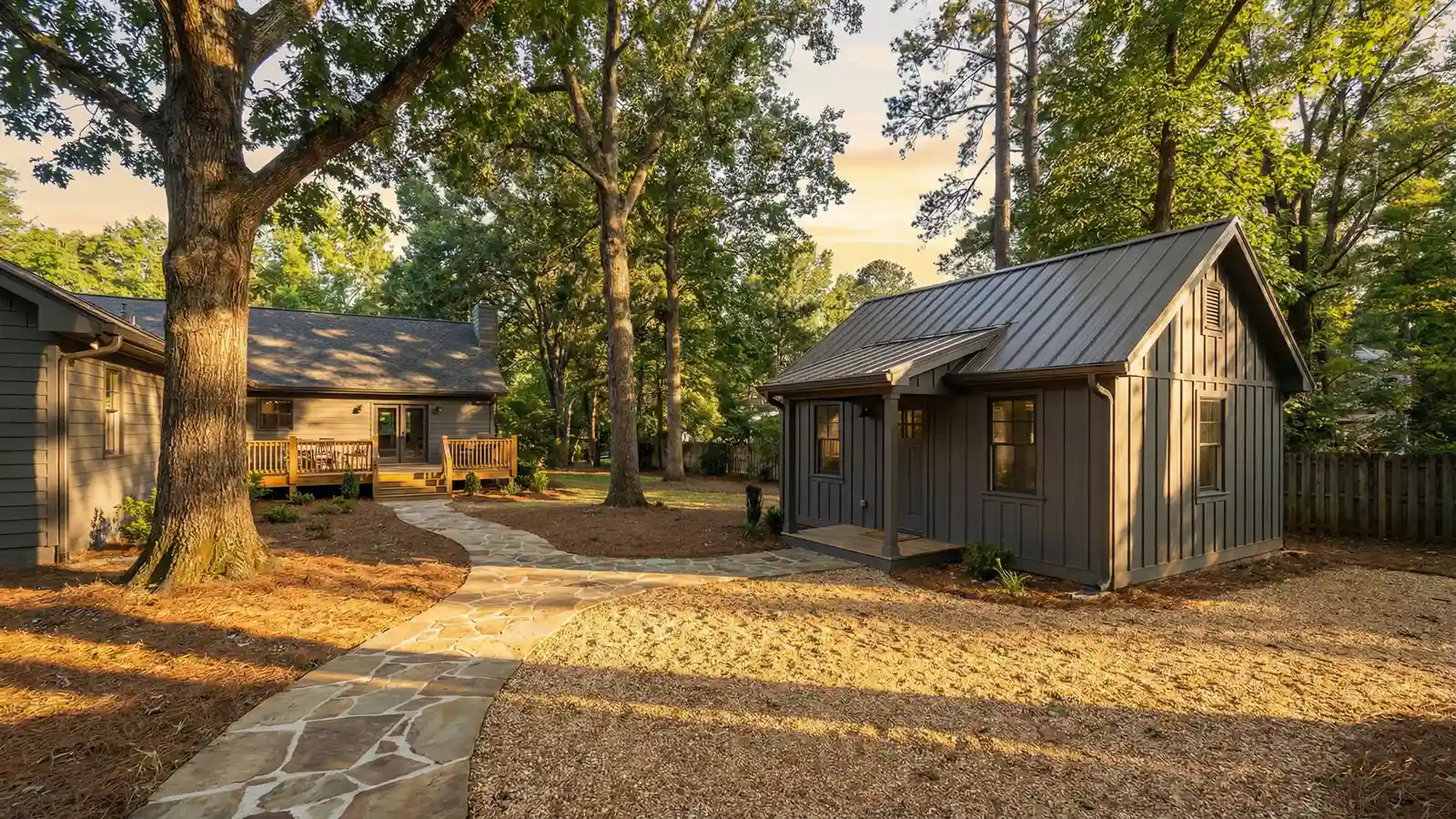 Detached accessory dwelling unit in a Roswell Georgia backyard with landscaped path connecting to main house