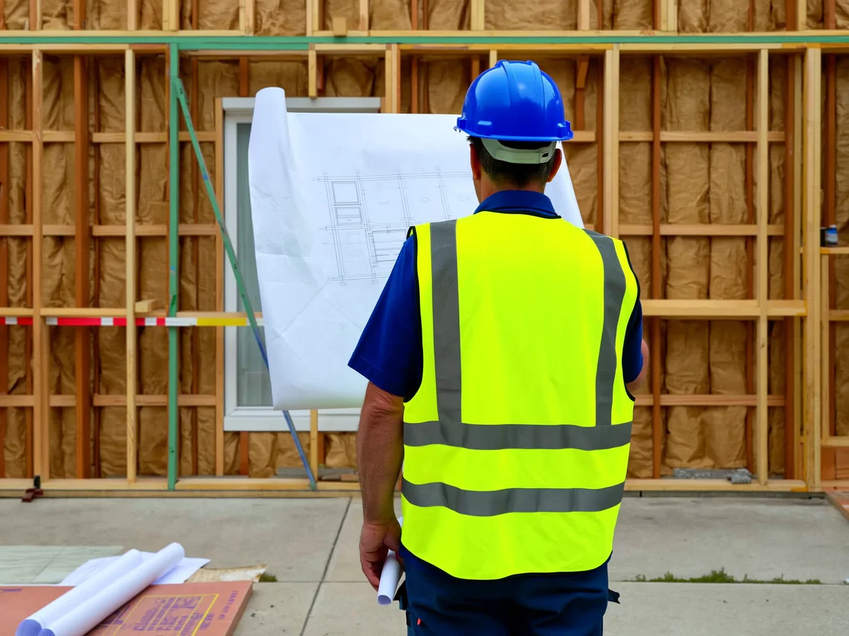 Construction superintendent reviewing blueprints at a framed house with hard hat and high-visibility vest