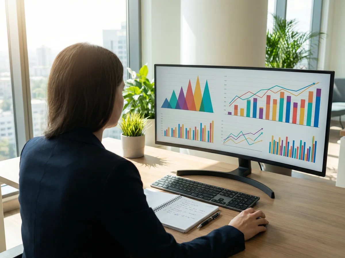 Over-shoulder view of a real estate analyst reviewing market data charts on a large monitor