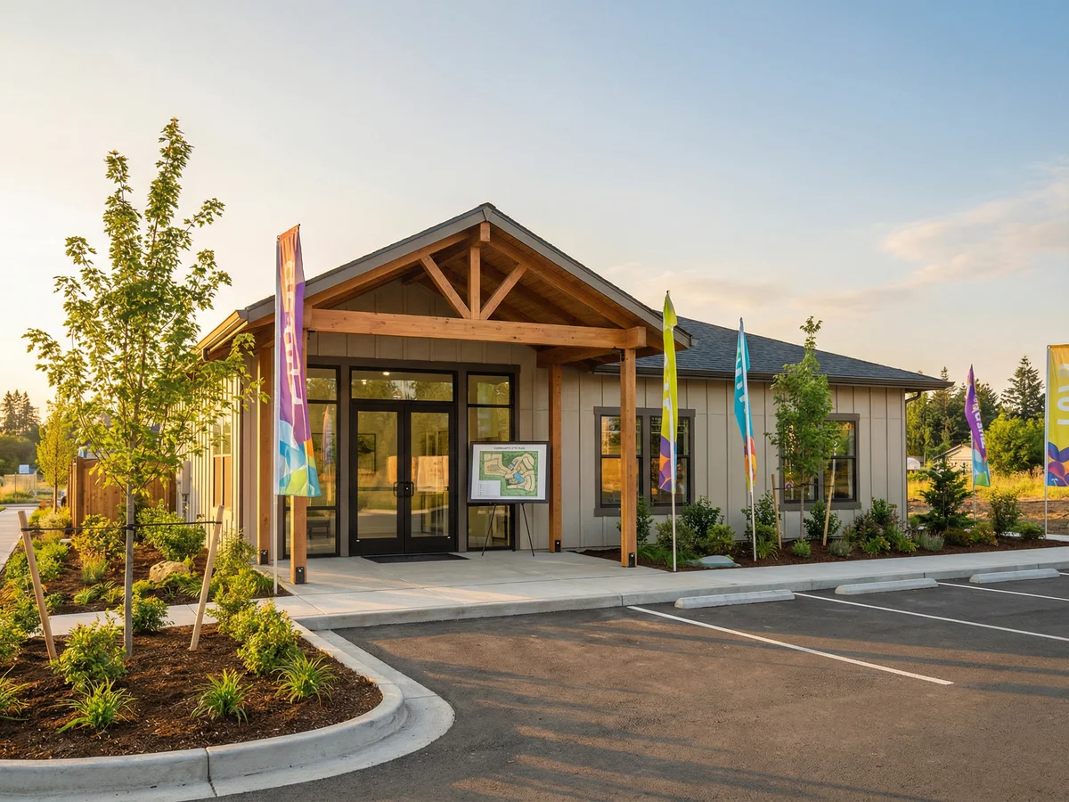 New construction community sales center with builder incentive banners and a welcoming entrance in metro Atlanta
