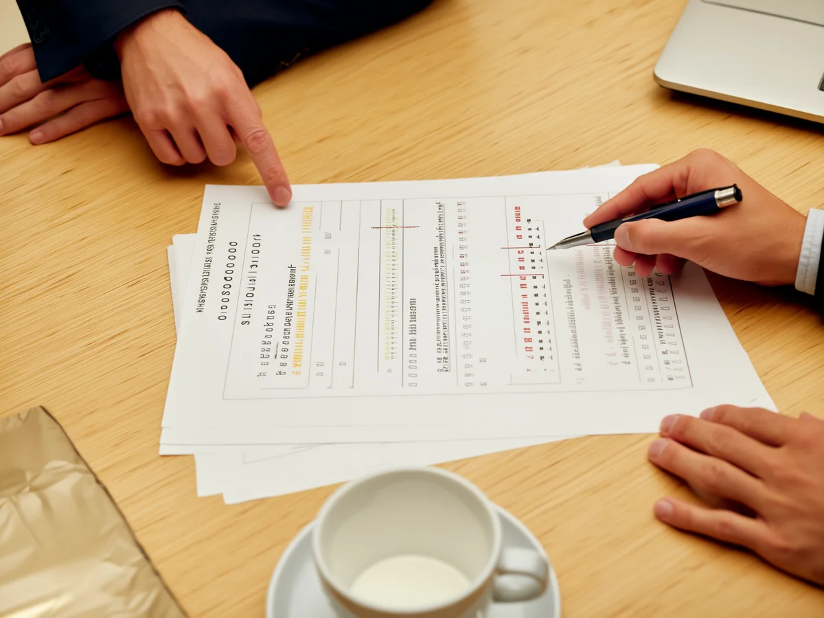 Hands pointing at a printed builder warranty comparison chart spread on a conference table