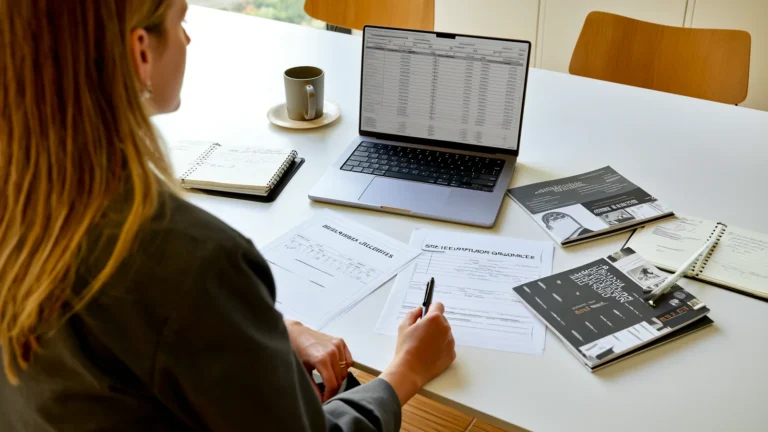 Over-shoulder view of a real estate consultant reviewing builder comparison documents at a modern office desk