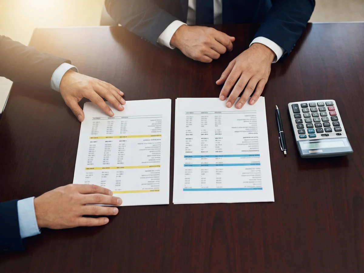 Hands comparing two printed builder incentive packages side by side on a conference table
