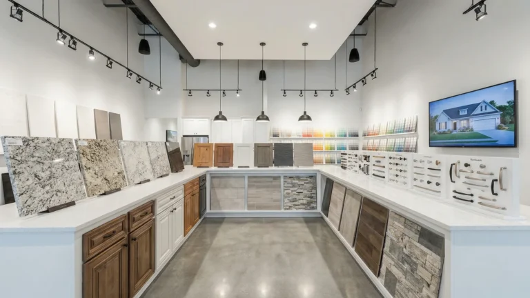 New construction design center showroom with material samples and upgrade selections displayed on a counter