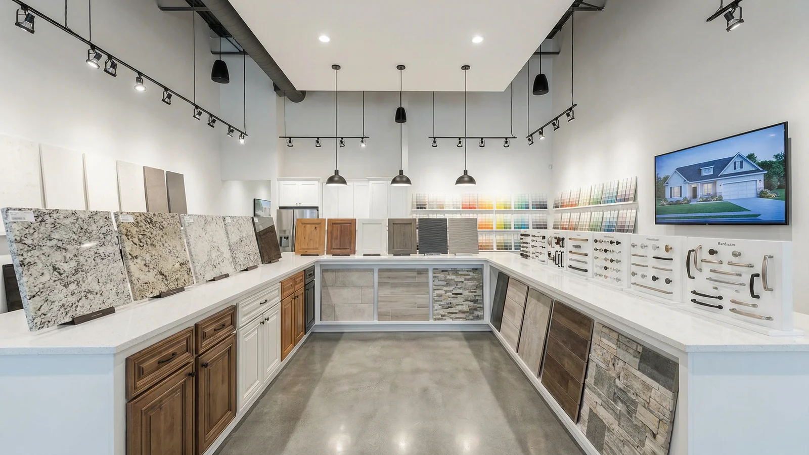 New construction design center showroom with material samples and upgrade selections displayed on a counter
