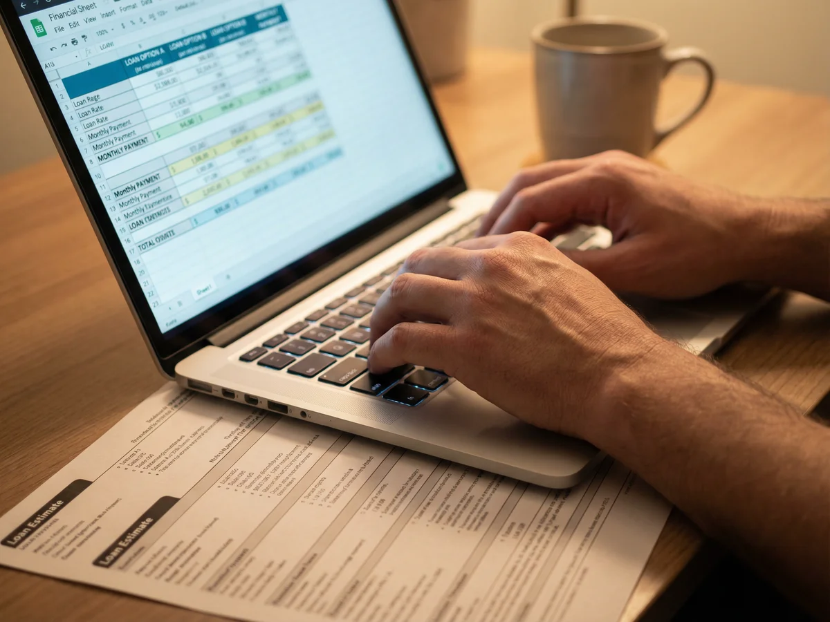 Hands using laptop with spreadsheet comparing two mortgage lender rate quotes for new construction