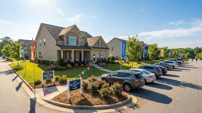 New construction model home exterior with directional signage and weekend visitor traffic in a metro Atlanta community