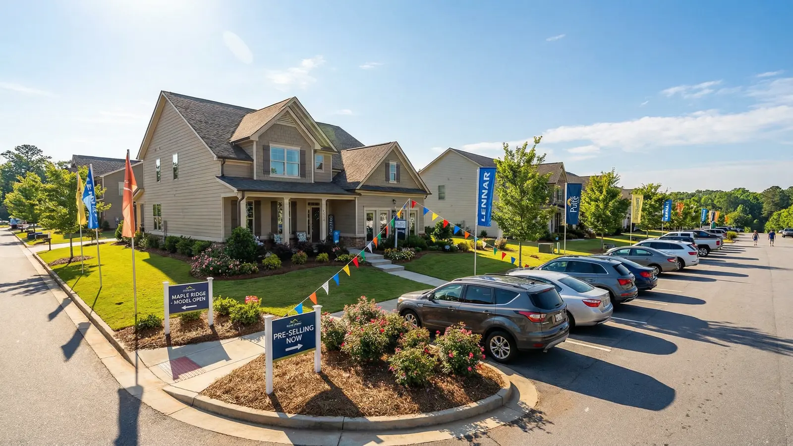 New construction model home exterior with directional signage and weekend visitor traffic in a metro Atlanta community