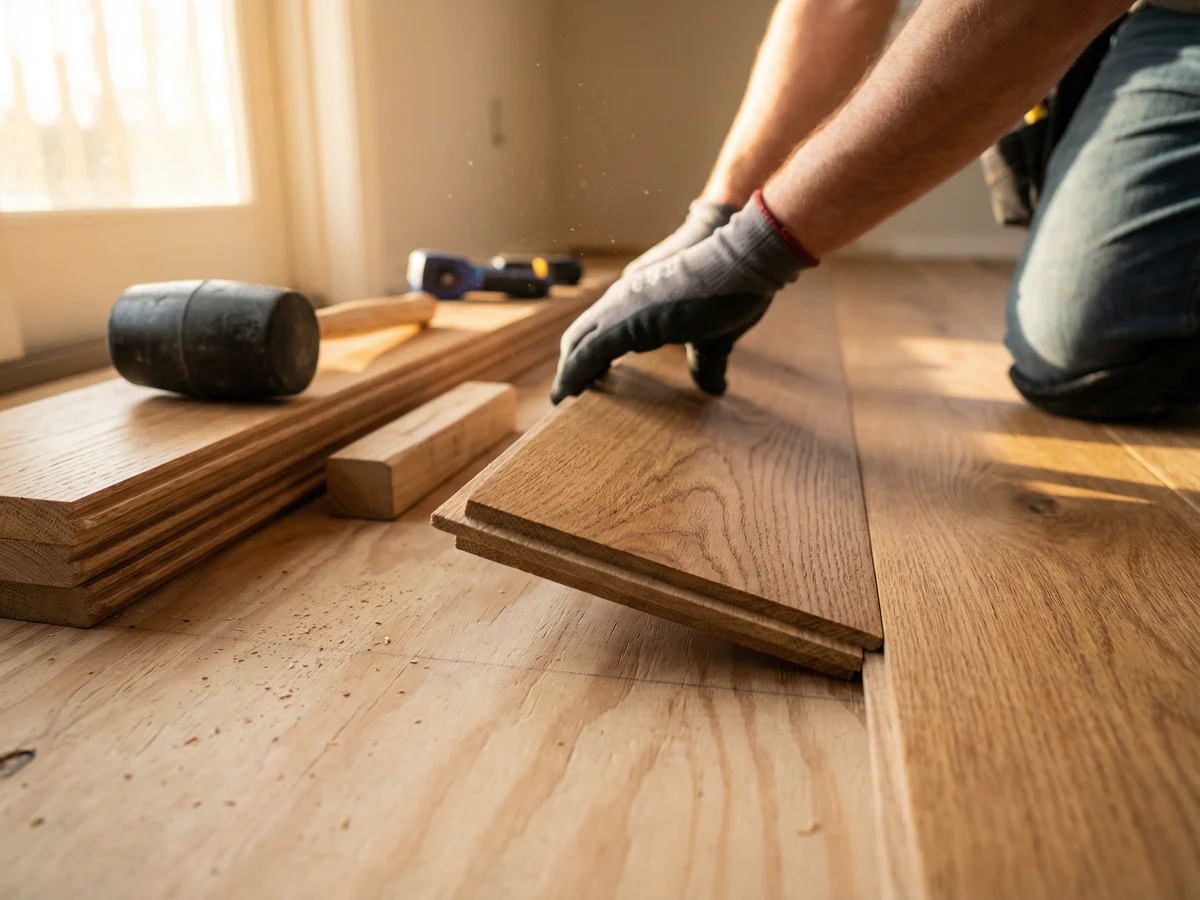 Engineered hardwood flooring being installed on main level of new construction home in metro Atlanta