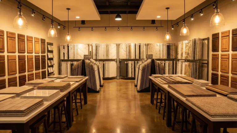 Builder design center showroom displaying countertop samples and cabinet finishes for Atlanta new construction