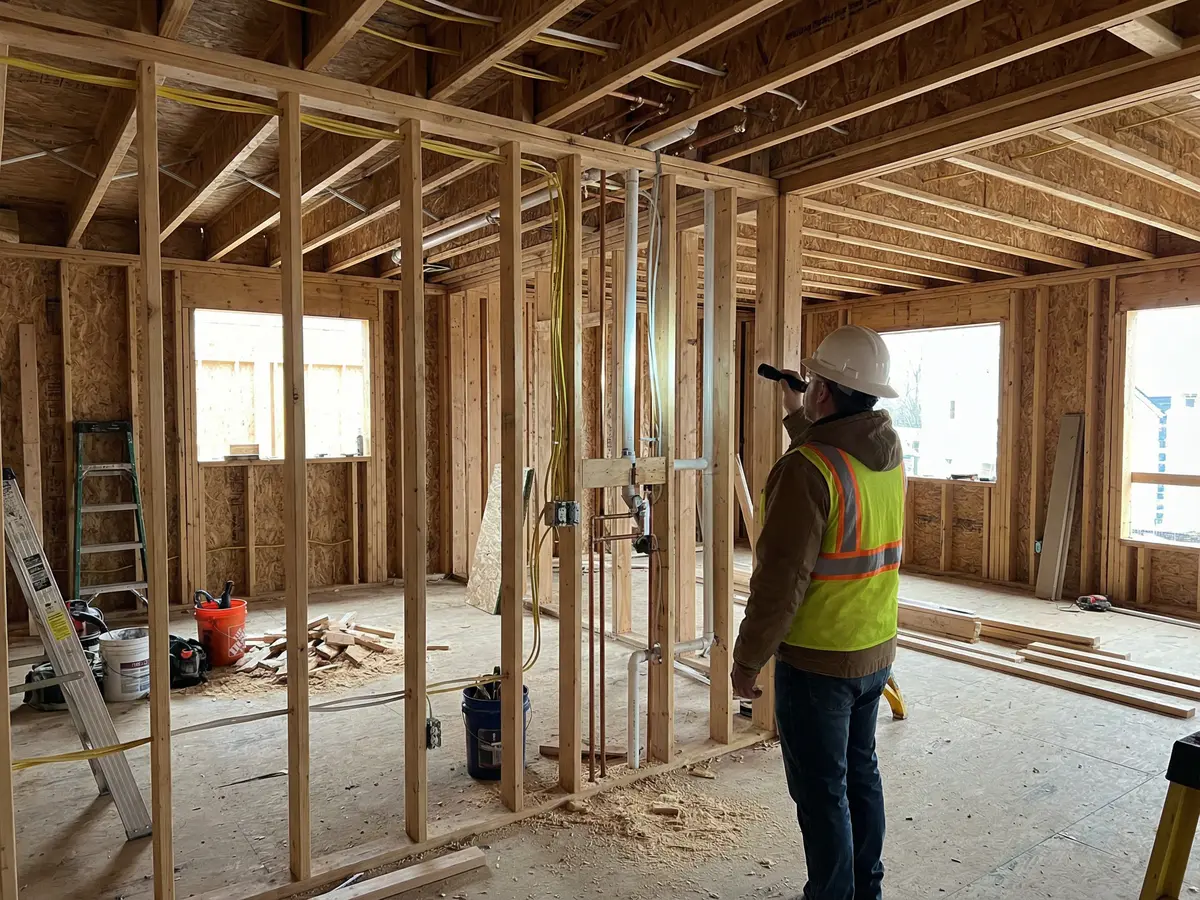 Pre-drywall inspection inside a new construction home showing exposed framing studs and electrical wiring in Atlanta