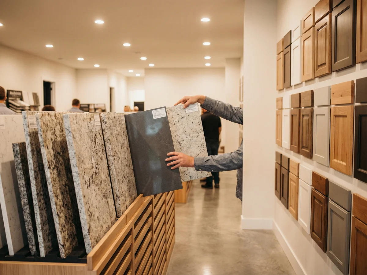 Builder design center showroom displaying countertop samples and cabinet finish options for new home selections