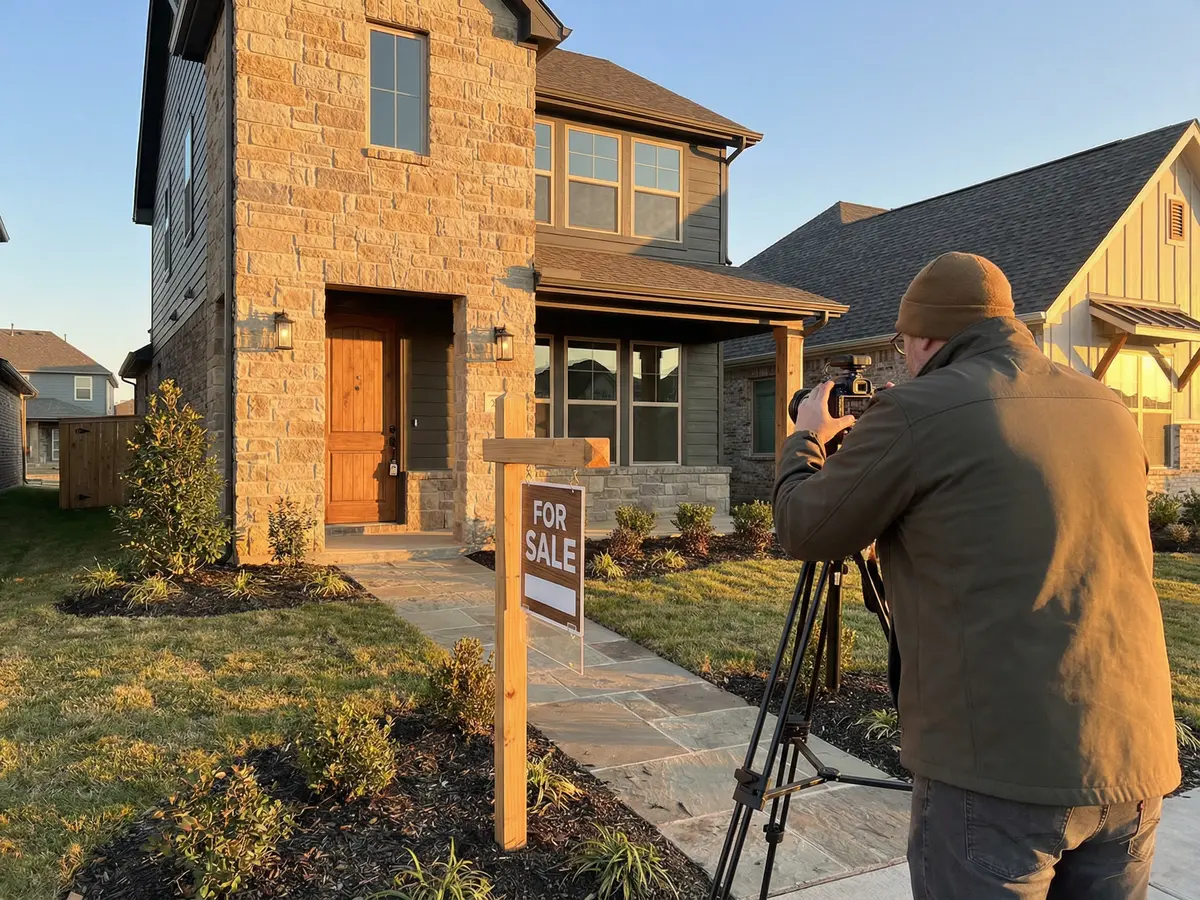 Individual spec home with professional photography setup showing single-unit marketing approach during close-out