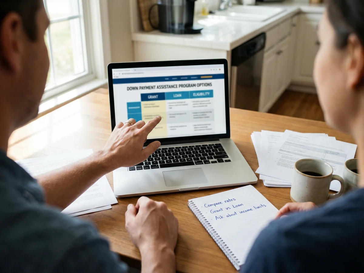 Over-shoulder view of couple reviewing DPA program options on a laptop screen at their kitchen table