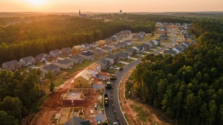 Aerial view of a rapidly developing suburban Atlanta community with new construction homes and surrounding green space