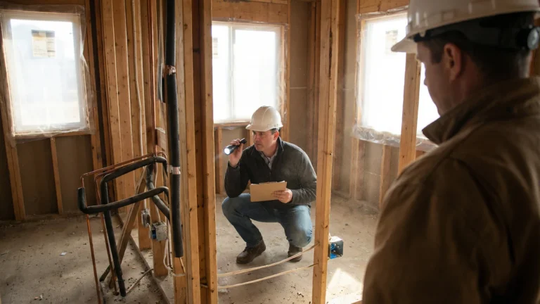 Over-shoulder view of home inspector examining framing and wiring during pre-drywall inspection of new construction home