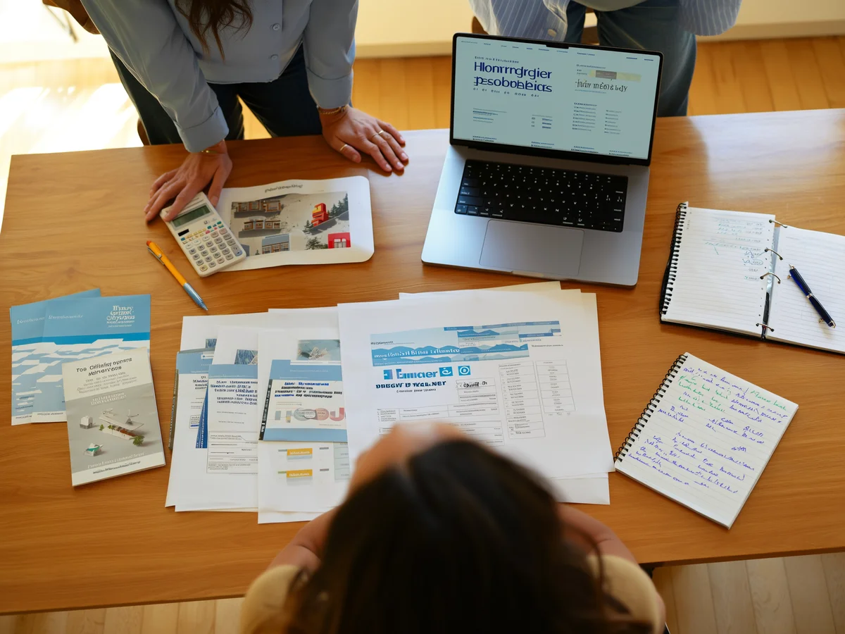 Couple sitting at a kitchen table reviewing mortgage documents with a laptop and calculator visible