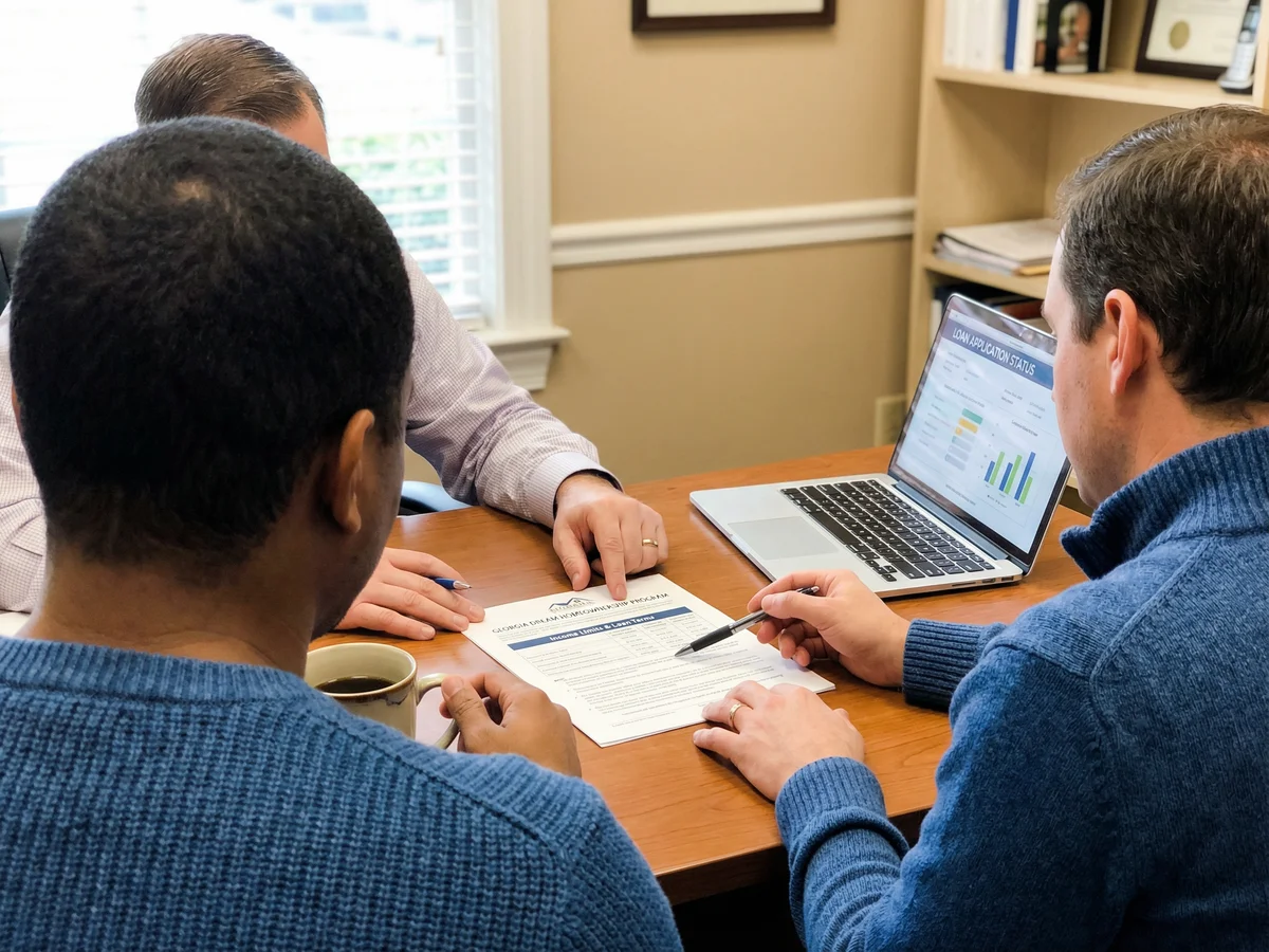 Over-shoulder view of first-time buyer reviewing Georgia Dream program eligibility documents with lender at desk