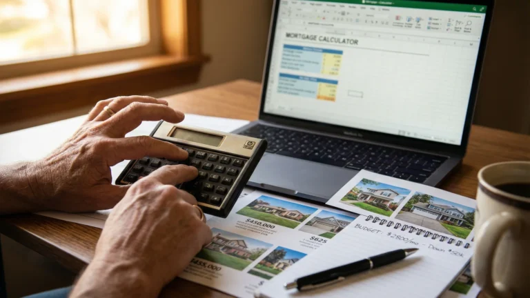 Hands using a calculator beside a laptop showing mortgage payment estimates with Atlanta home listings visible