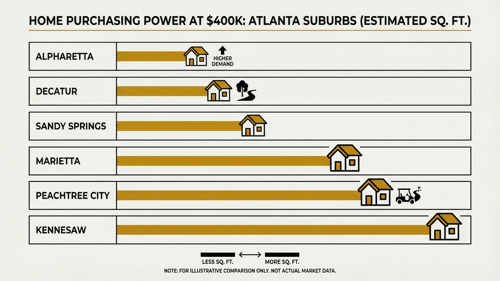 Affordability comparison chart showing what a $400K budget buys across six metro Atlanta suburbs
