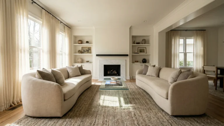 Professionally staged modern living room in an Atlanta home with neutral tones and natural light