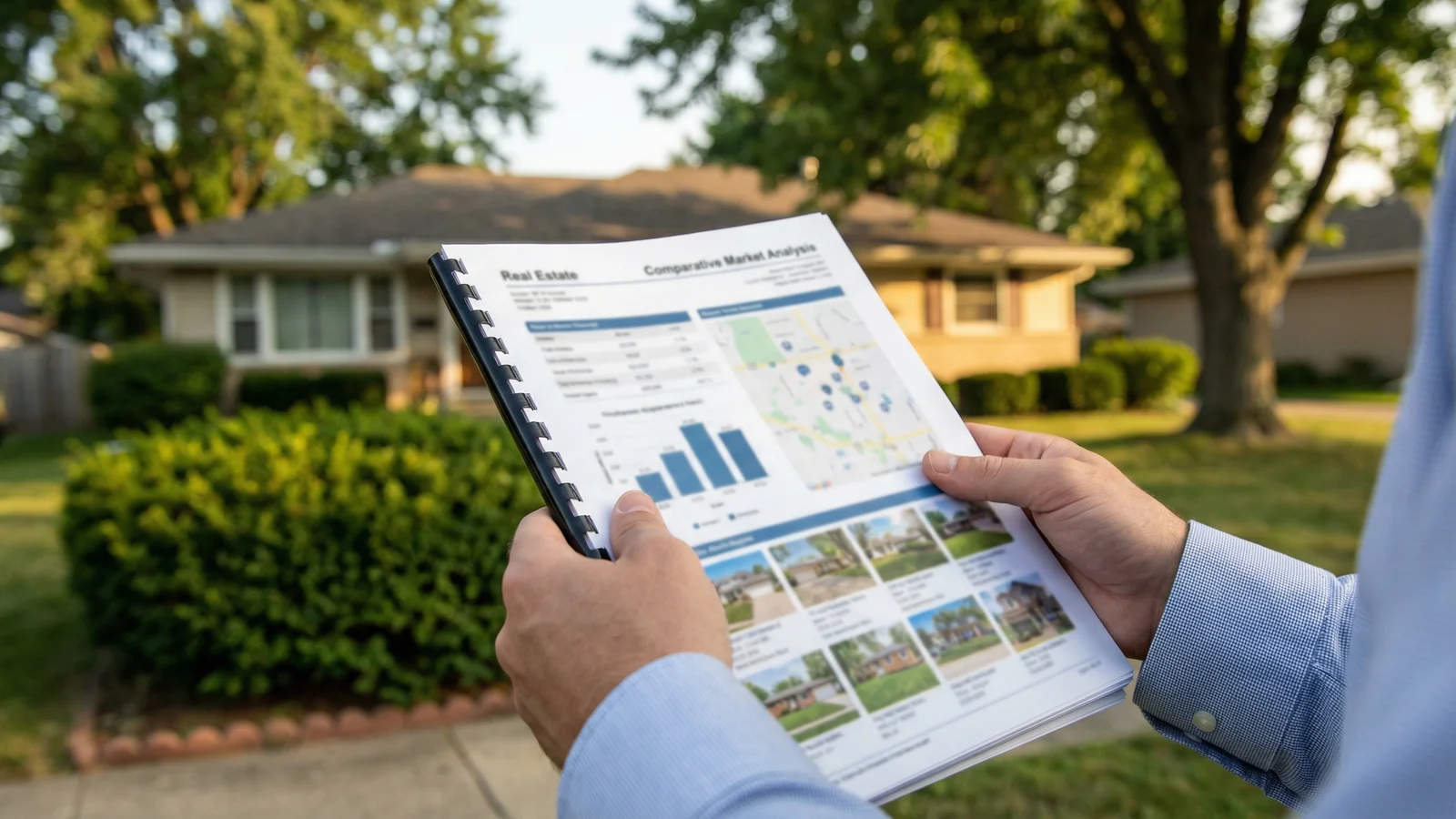 Hands holding a printed comparative market analysis document in front of a suburban Atlanta home