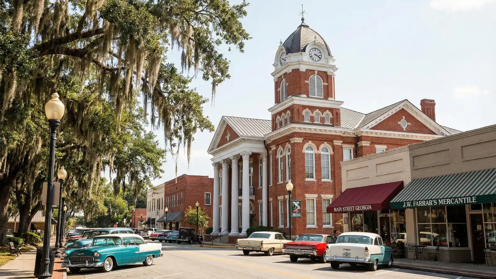 Downtown Canton Georgia Main Street with historic courthouse and Etowah River bridge at golden hour