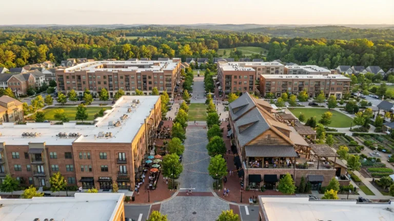 Aerial view of Avalon mixed-use development in Alpharetta Georgia with walkable streets and modern architecture