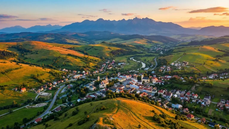 Panoramic view of north Georgia foothills from Canton with rolling green hills and mountain ridgeline at sunset