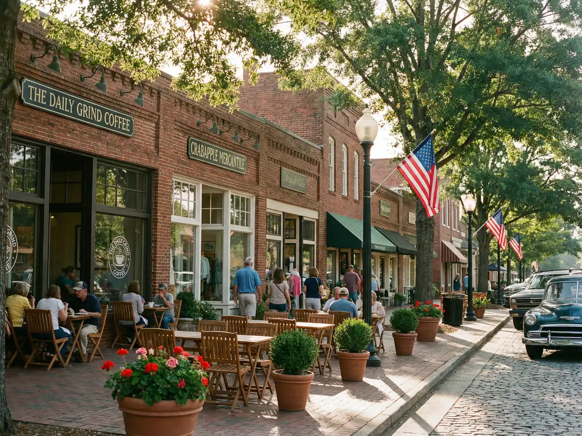 Historic Crabapple district storefronts in Milton Georgia with brick buildings and small-town charm