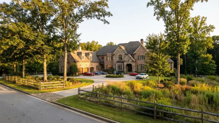 Luxury estate home on a one-acre wooded lot in Milton Georgia with stone and brick facade at golden hour