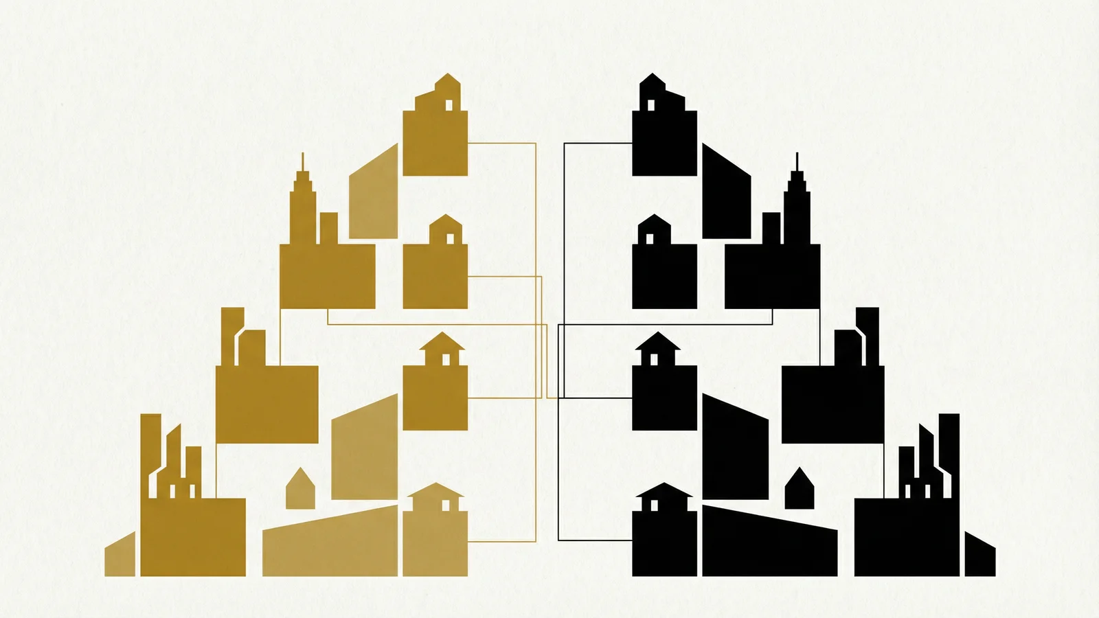 Abstract geometric visualization comparing Milton and Alpharetta real estate price tiers and lot sizes