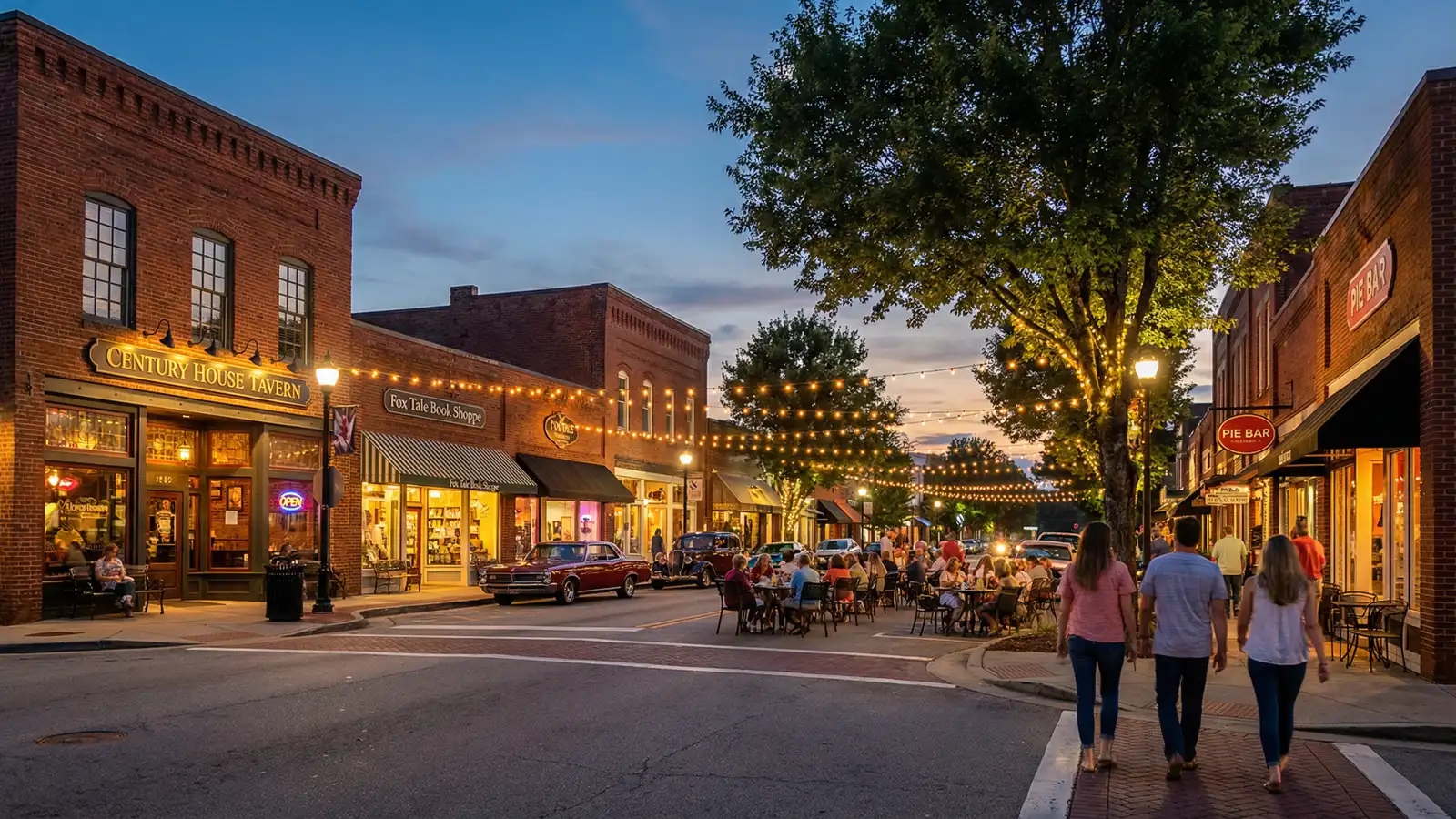 Downtown Woodstock Georgia main street with restaurants outdoor dining and string lights at dusk