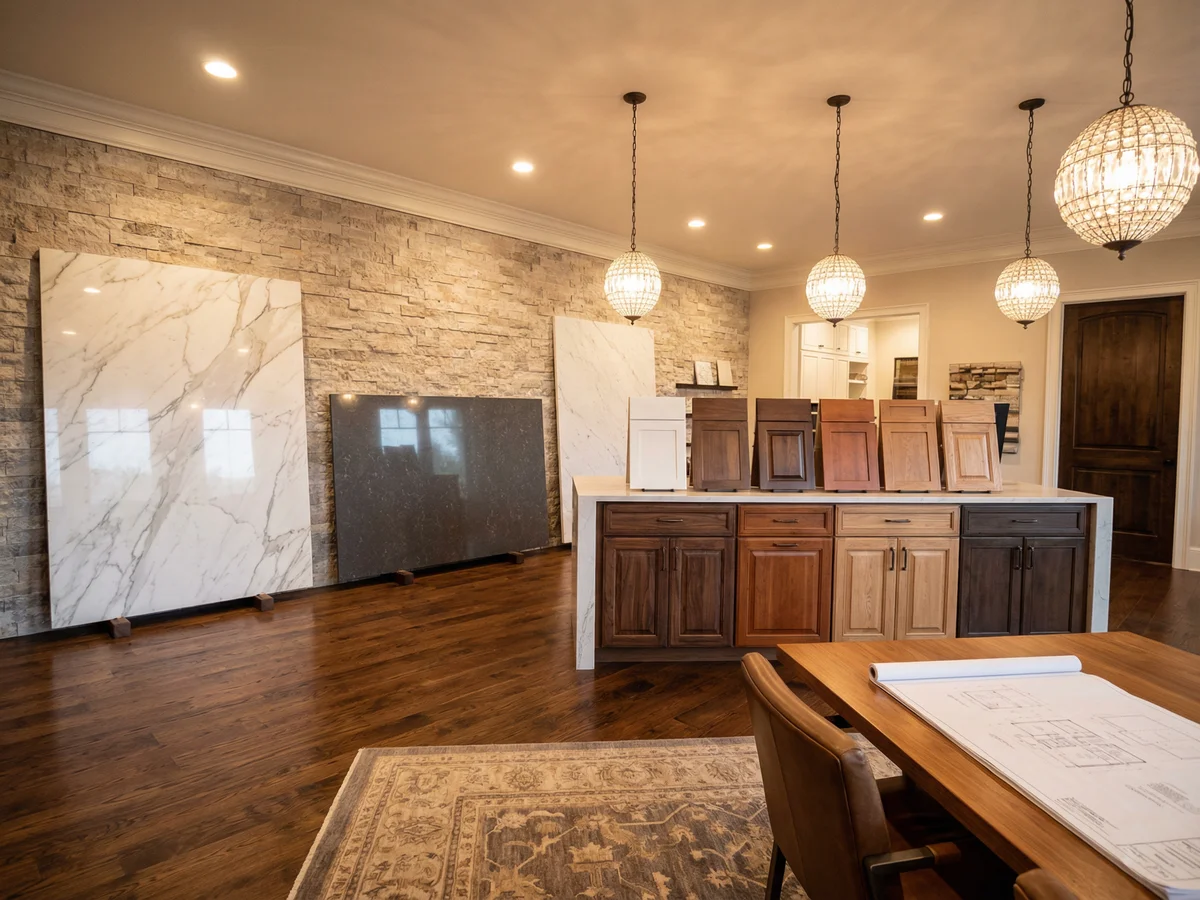 Luxury builder design studio with premium countertop slabs and custom cabinetry displays