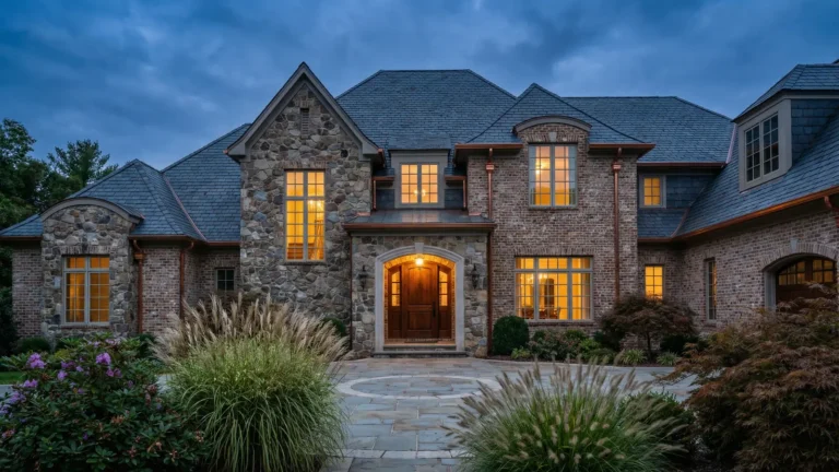 Luxury new construction estate home with stone exterior and manicured grounds in Milton Georgia