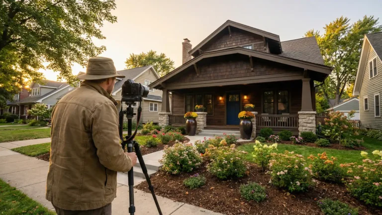 Professional real estate photographer capturing listing photos of an Atlanta home exterior at golden hour