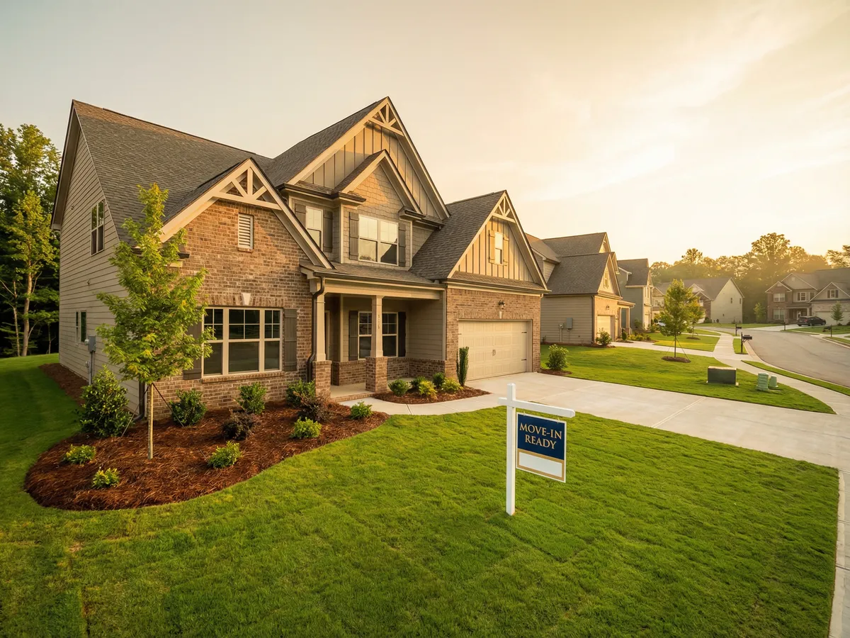 Completed spec home with for-sale sign in new construction community during quarter-end sales push