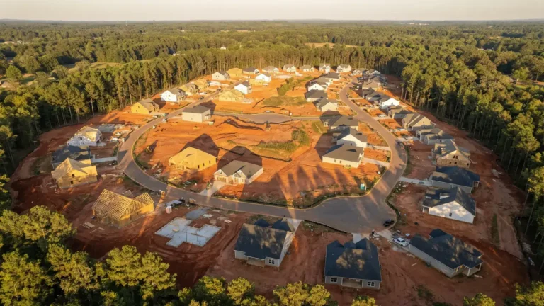 Aerial view of new construction subdivision in north metro Atlanta showing multiple homes under construction