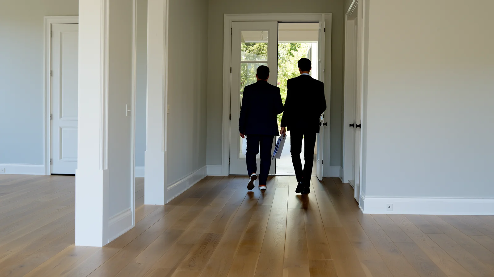 Real estate agent and buyer walking through a new construction model home viewed from behind