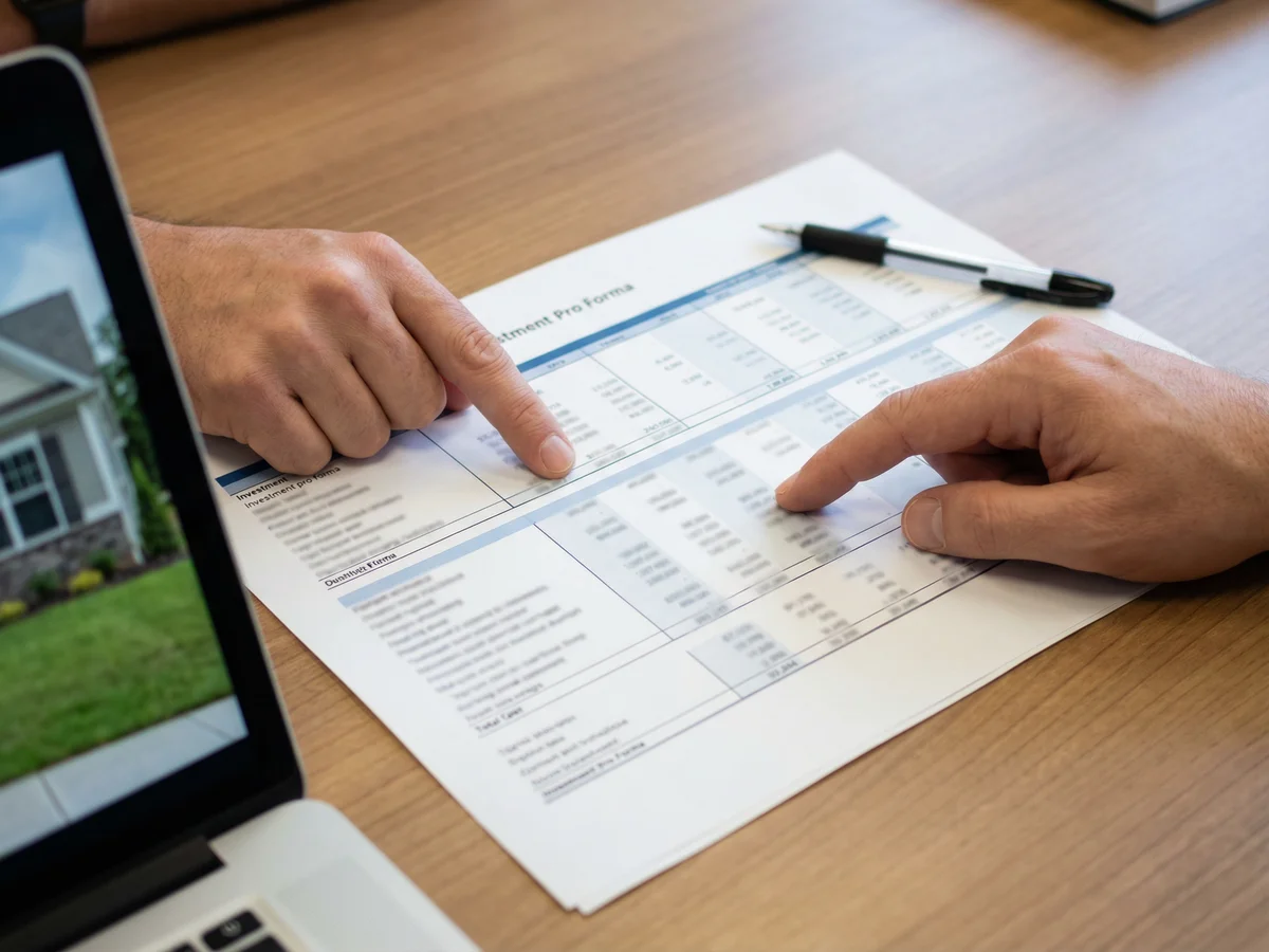 Hands pointing at a printed investment pro forma spreadsheet with rental property financial projections