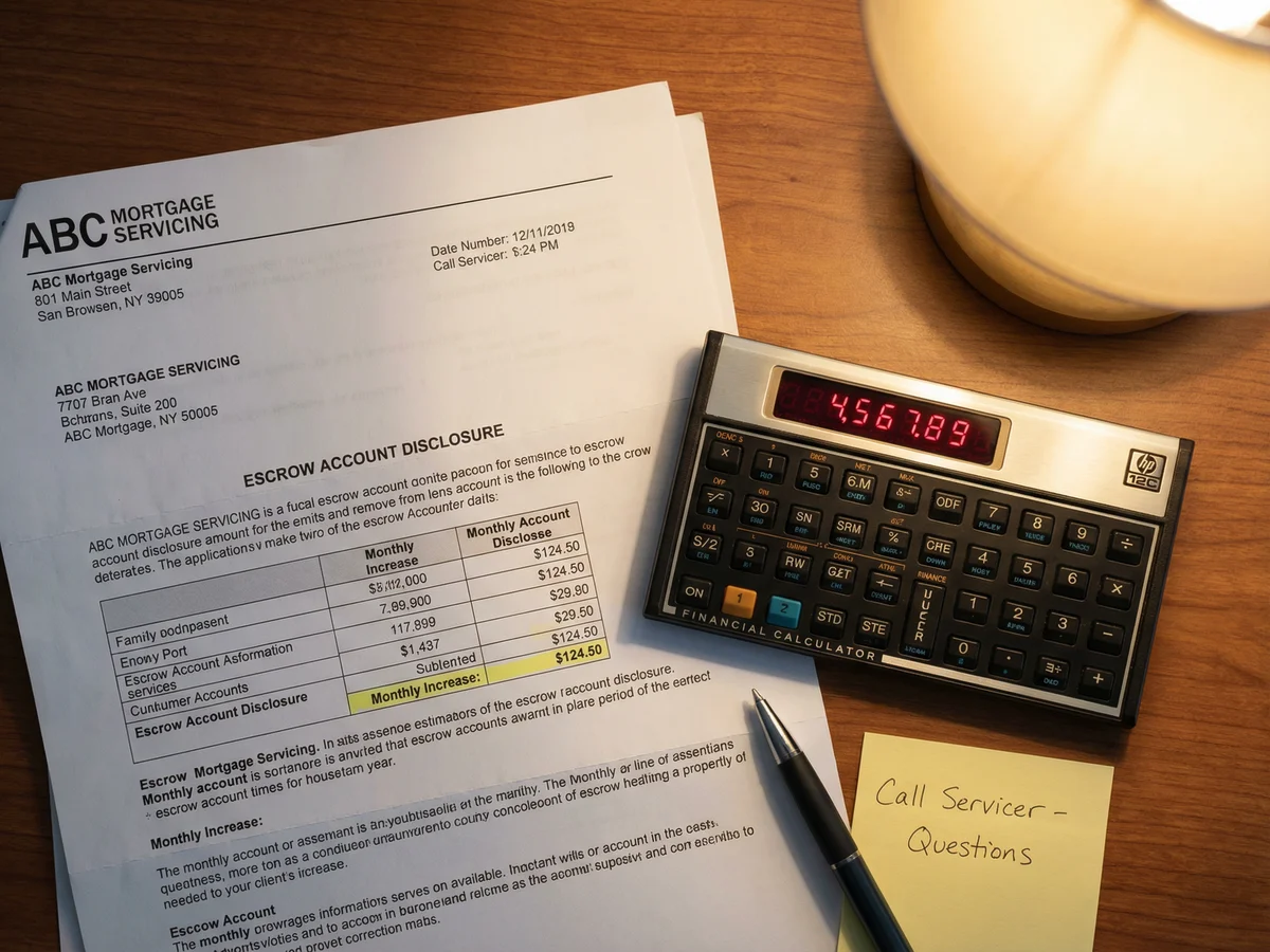 Calculator and mortgage payment statement showing escrow shortage adjustment for Georgia homeowner