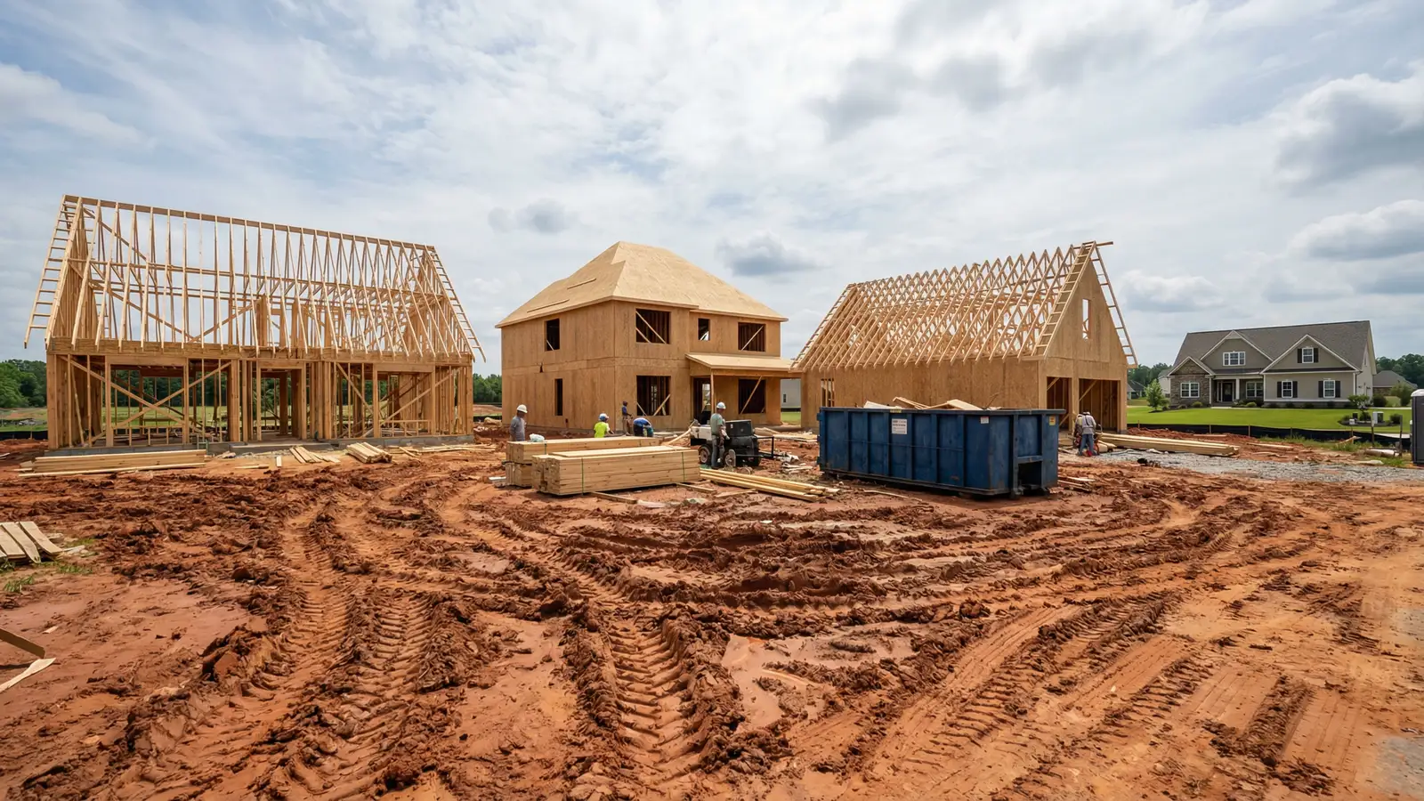 Active new construction job site in Atlanta suburb showing multiple homes at framing stage with scattered materials
