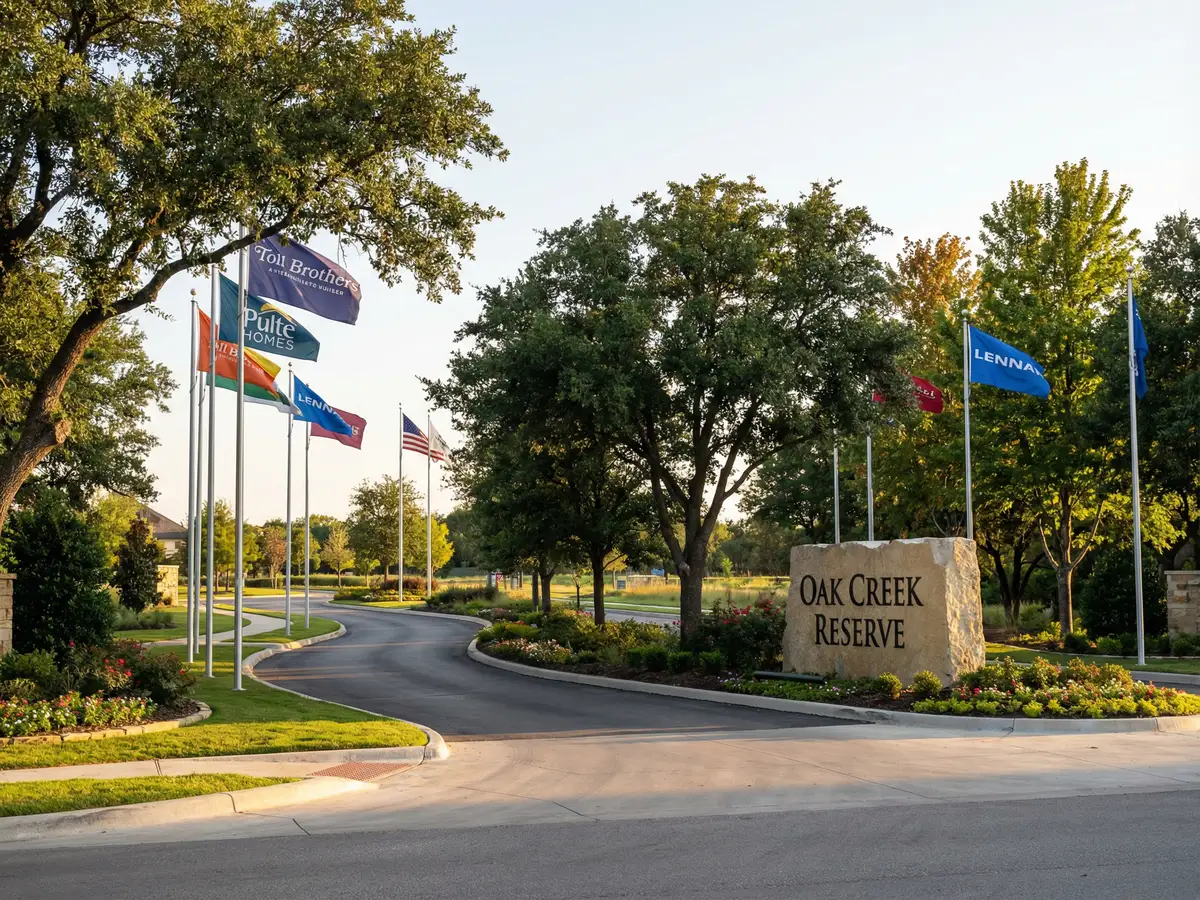 Row of builder model home flags and signs at entrance to new construction community in Atlanta