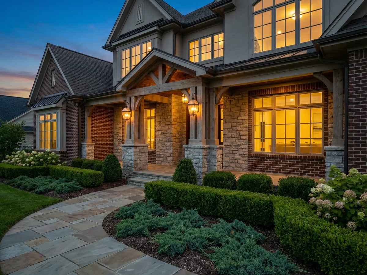 Luxury model home exterior with stone and brick facade in north Fulton County Atlanta area