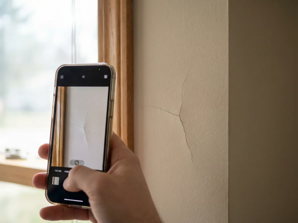 Smartphone photographing a hairline drywall crack for warranty documentation in new construction home