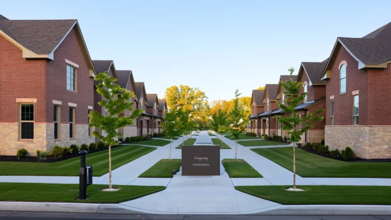 Completed new construction community streetscape in north metro Atlanta with brick homes and fresh landscaping