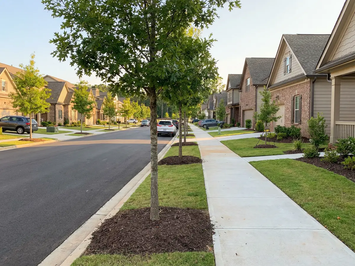 New construction homes in a Forsyth County subdivision near Pilgrim Mill Road with completed streetscape