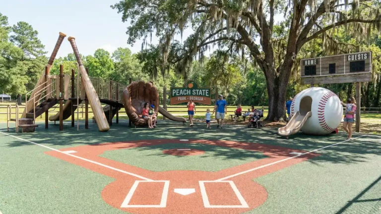 Fowler Park in Cumming Georgia with baseball fields and playground complex surrounded by trees at morning
