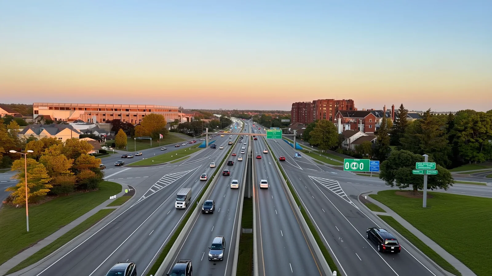 GA-400 express lanes stretching north from Sandy Springs through Alpharetta toward Forsyth County at sunrise